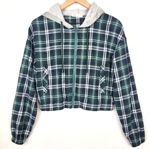Romwe Green Plaid Crop‎ Hoodie Jacket M Full Zip Drawstring Pockets Casual Chic